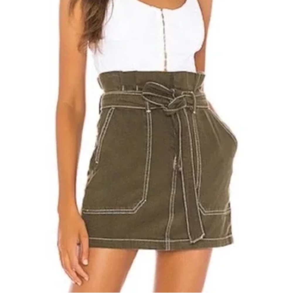 Free People Splendor in Grass Olive Green Skirt ( Button, Zipper, Tie belt )